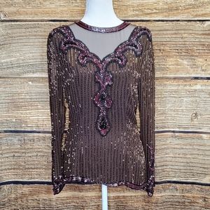 Oleg Cassini Beaded Sheer Silk Top sz 8
